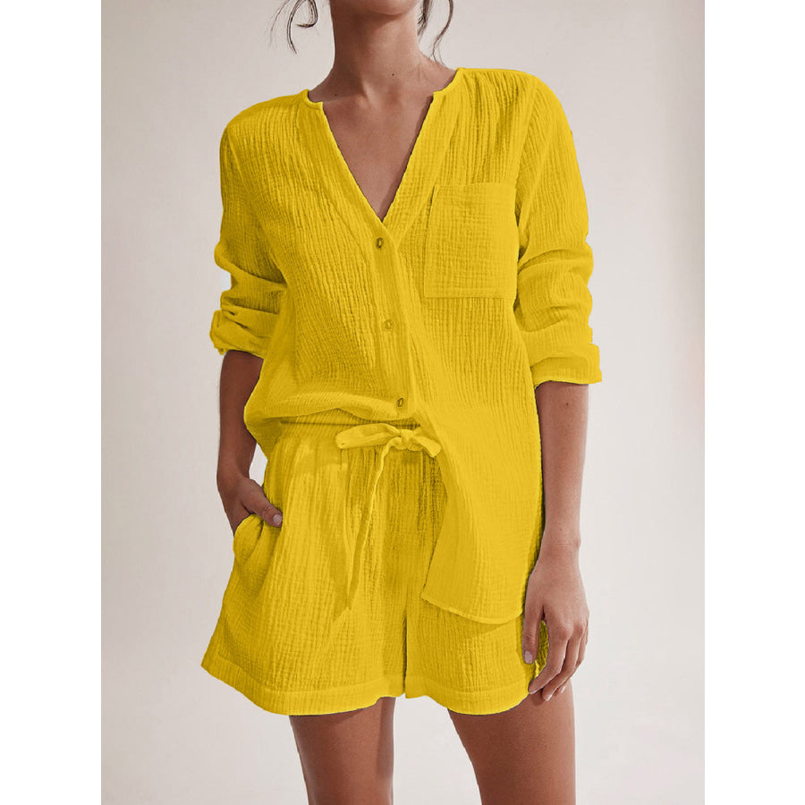 Notched Long Sleeve Top and Shorts Set Yellow / S Apparel and Accessories