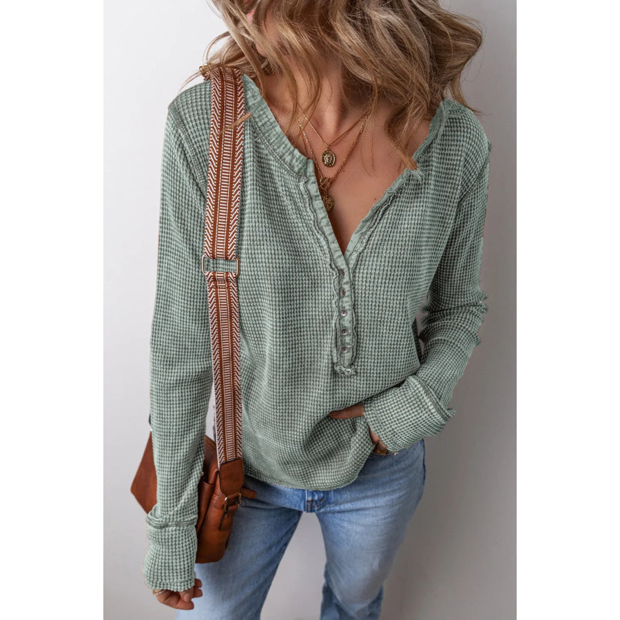 Notched Long Sleeve Top Sage / L Apparel and Accessories