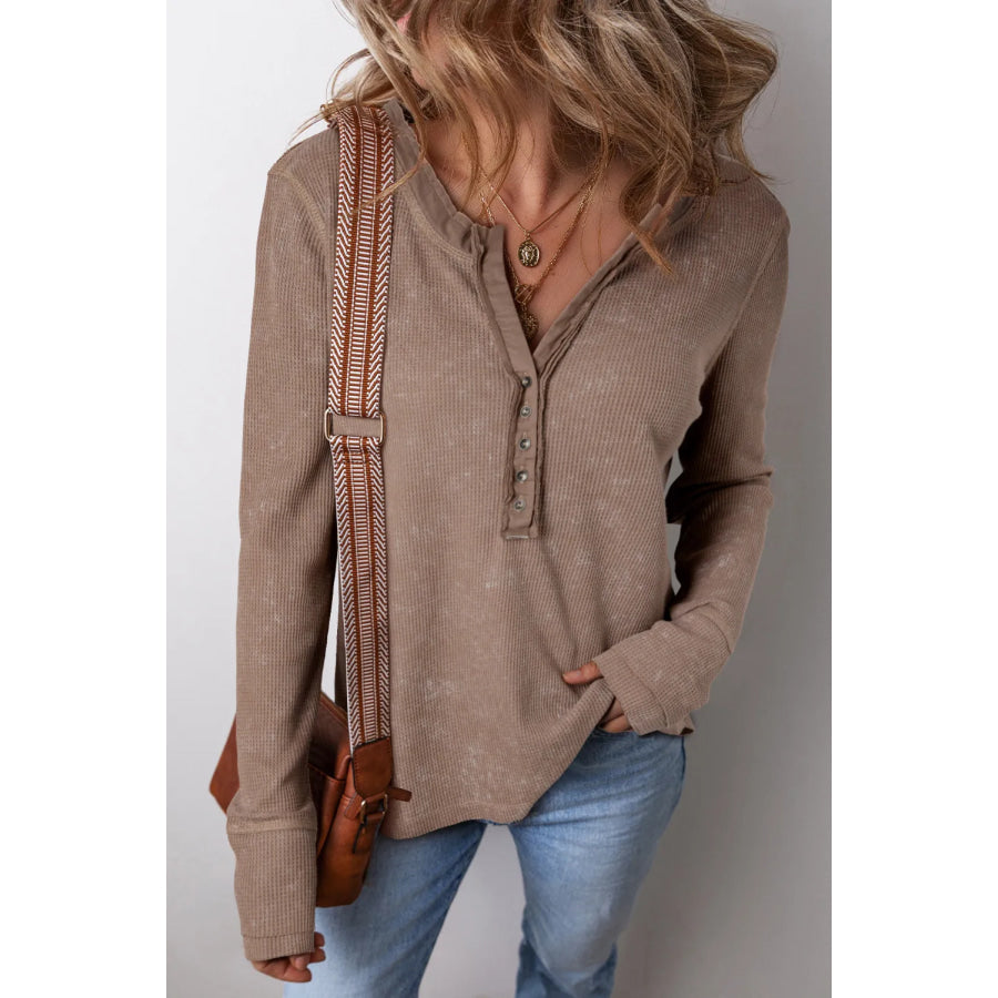 Notched Long Sleeve Top Taupe / S Apparel and Accessories