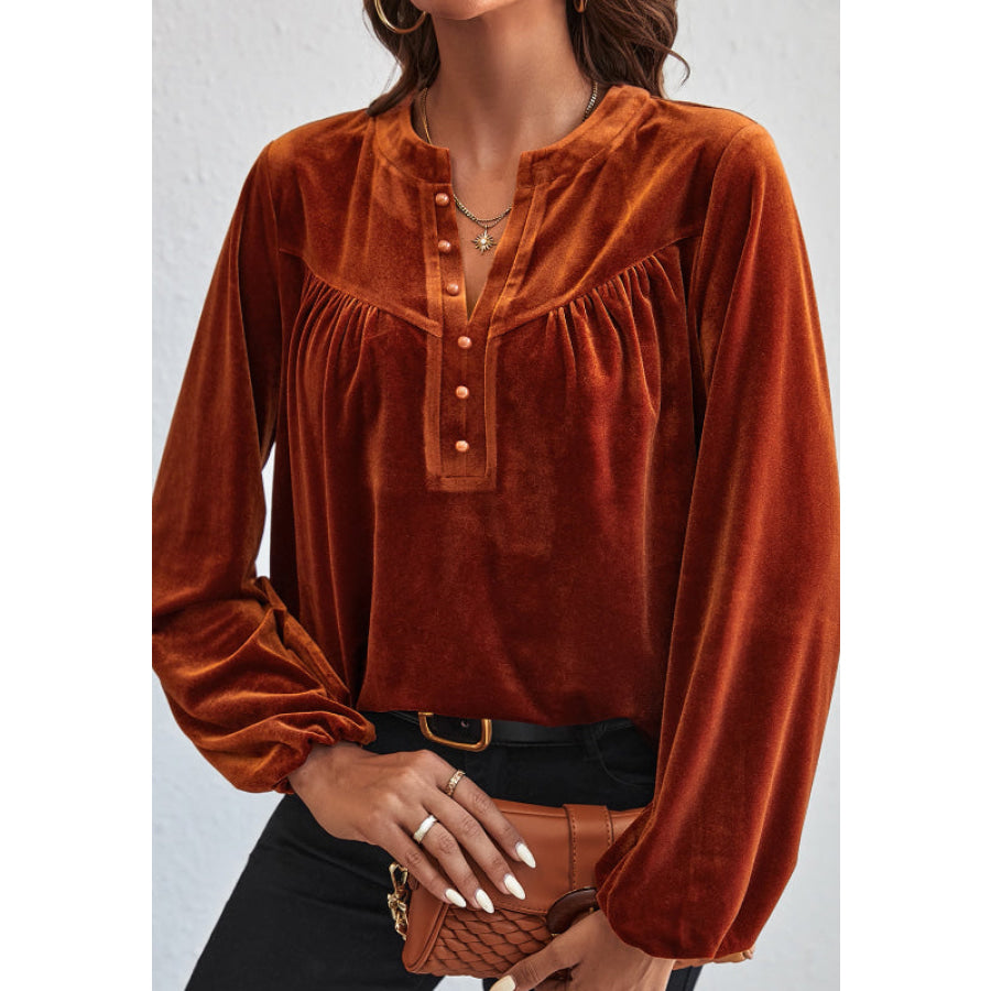 Notched Long Sleeve Velvet Top Apparel and Accessories