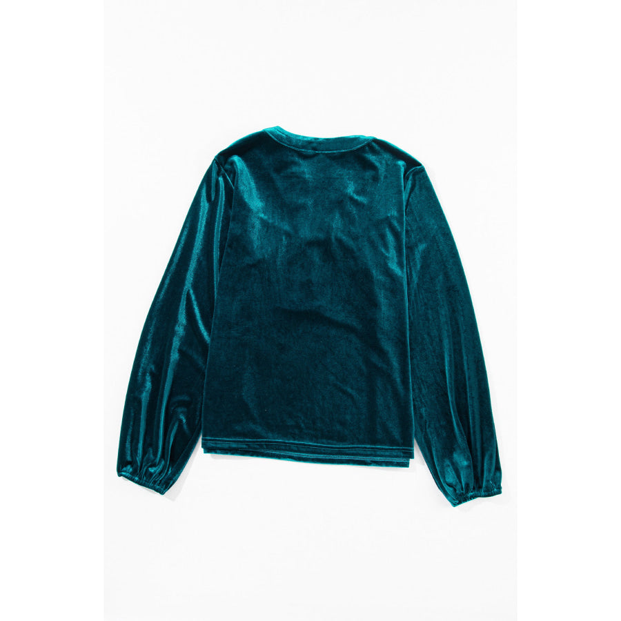 Notched Long Sleeve Velvet Top Apparel and Accessories