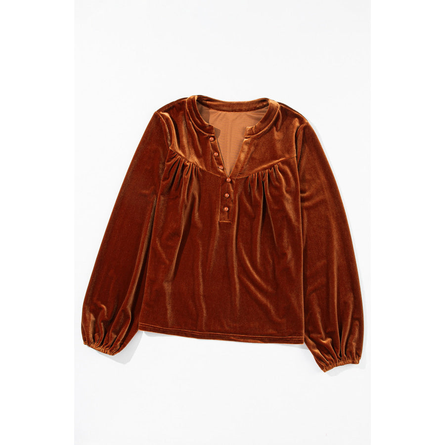 Notched Long Sleeve Velvet Top Apparel and Accessories