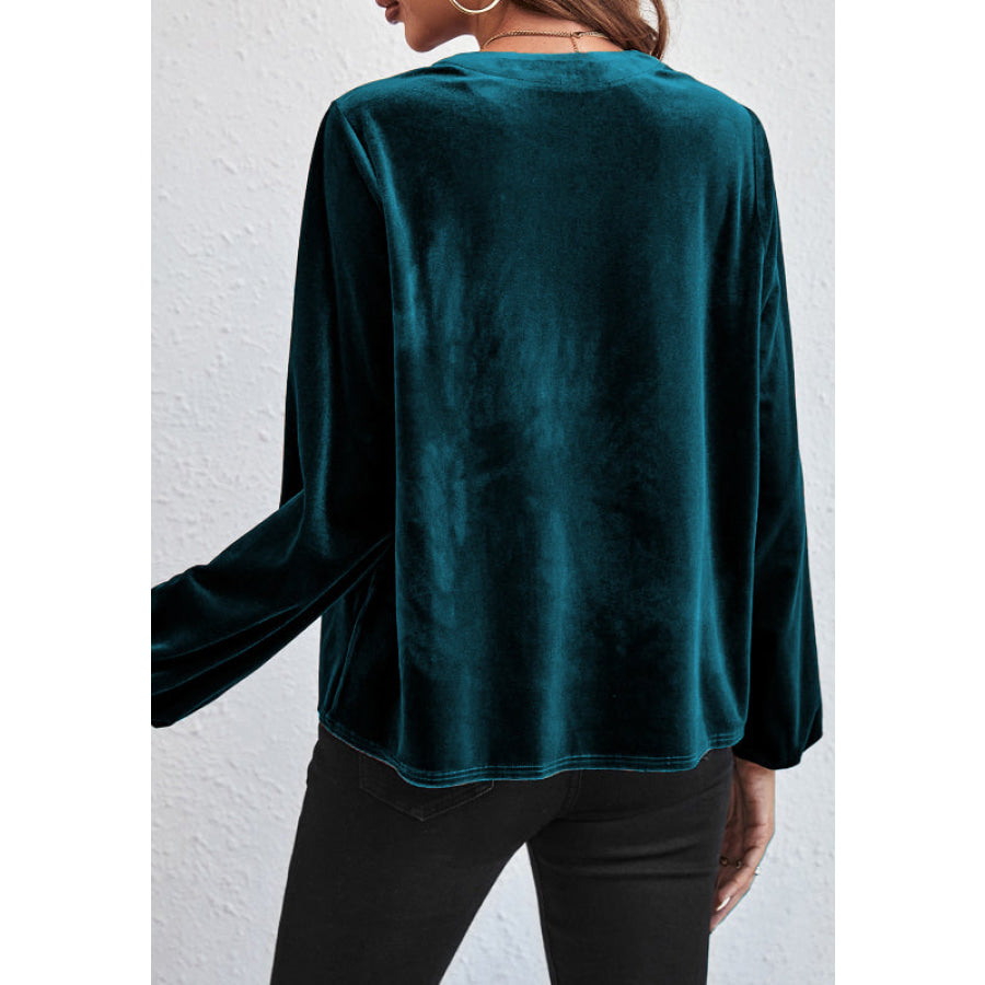 Notched Long Sleeve Velvet Top Apparel and Accessories