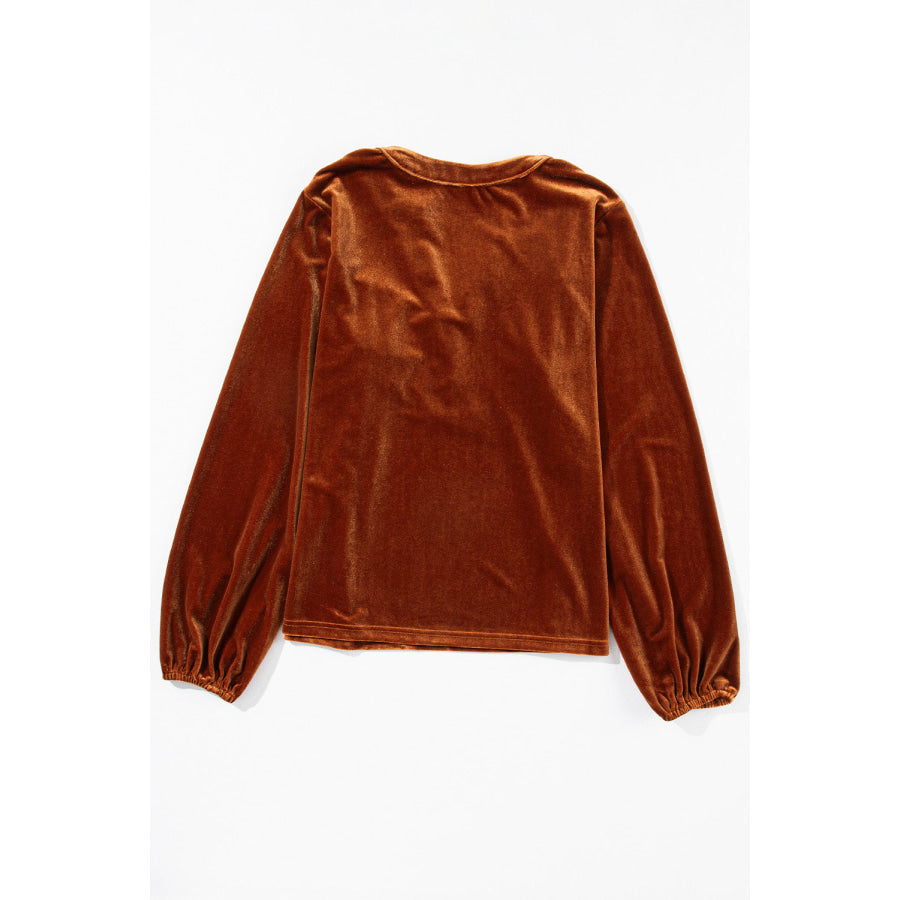 Notched Long Sleeve Velvet Top Apparel and Accessories