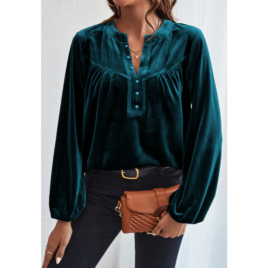 Notched Long Sleeve Velvet Top Apparel and Accessories