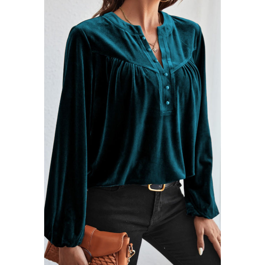 Notched Long Sleeve Velvet Top Apparel and Accessories