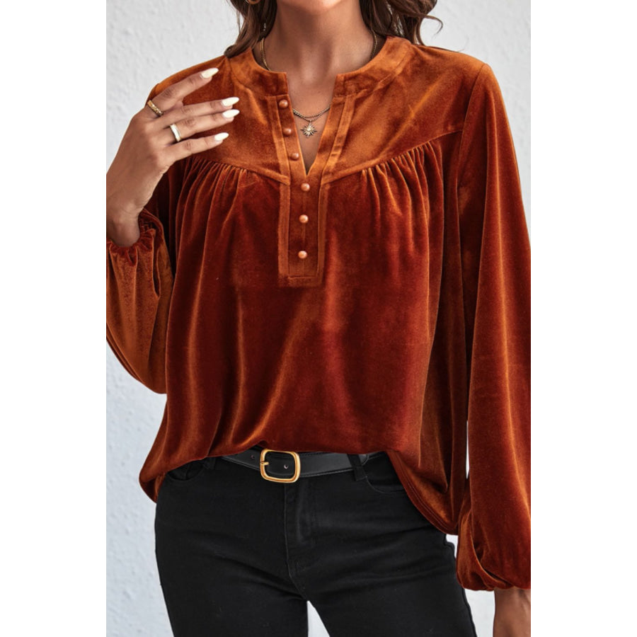 Notched Long Sleeve Velvet Top Apparel and Accessories