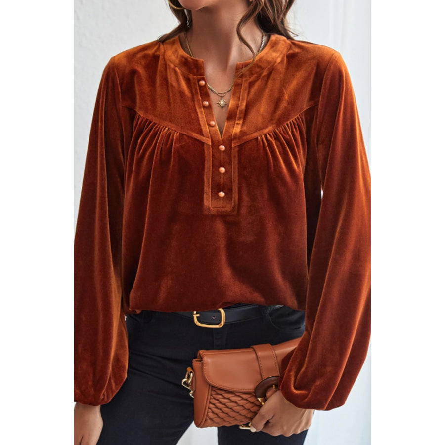 Notched Long Sleeve Velvet Top Apparel and Accessories