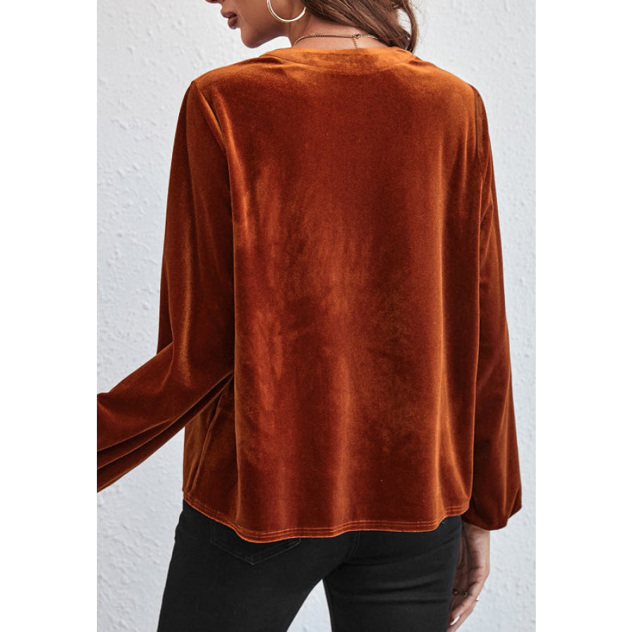 Notched Long Sleeve Velvet Top Apparel and Accessories