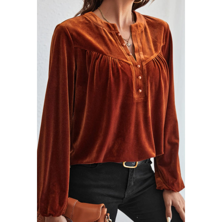 Notched Long Sleeve Velvet Top Brown / S Apparel and Accessories