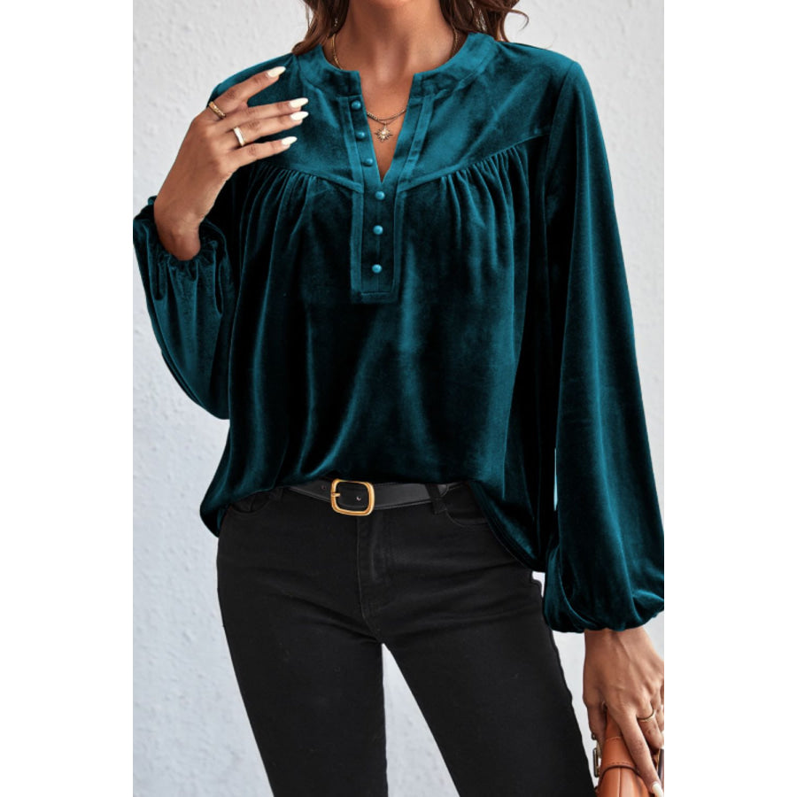 Notched Long Sleeve Velvet Top Deep Teal / S Apparel and Accessories