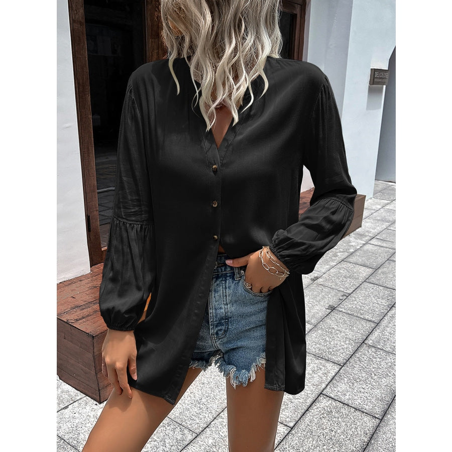 Notched Neck Balloon Sleeve Shirt Black / S