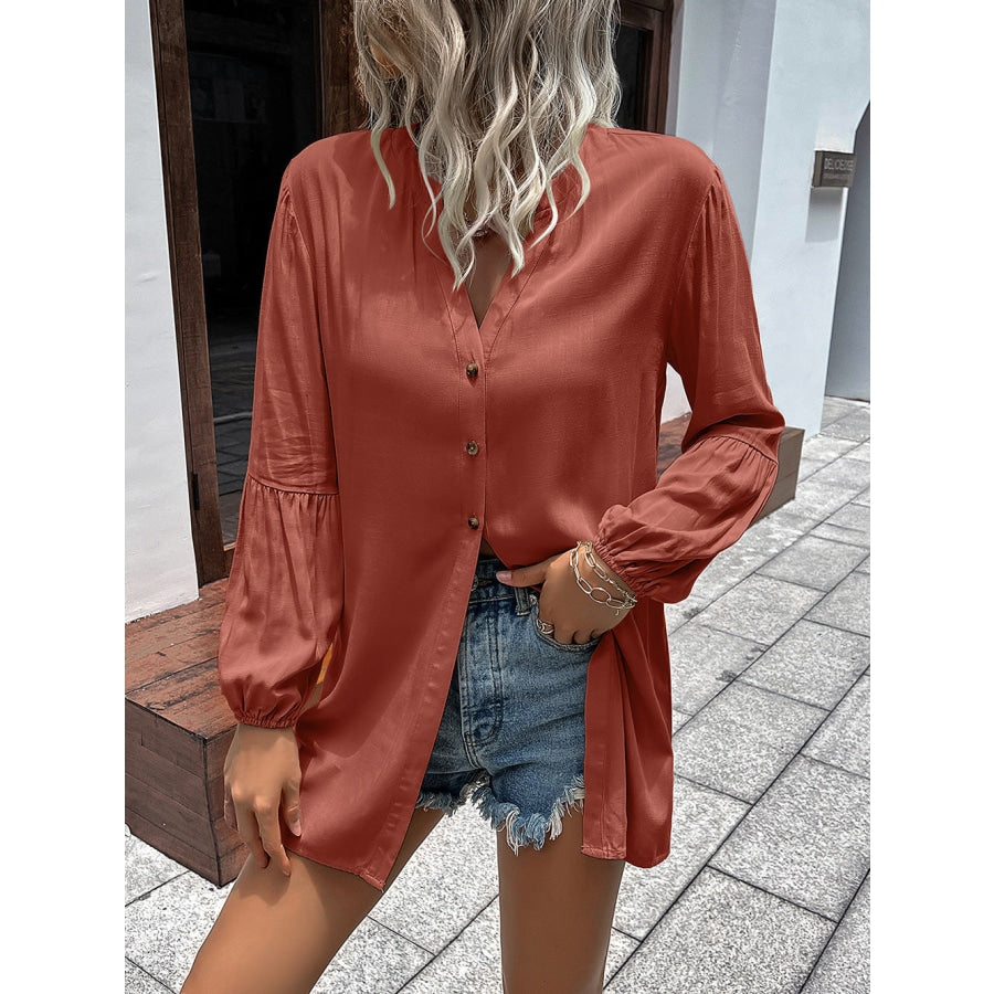 Notched Neck Balloon Sleeve Shirt Brick Red / S