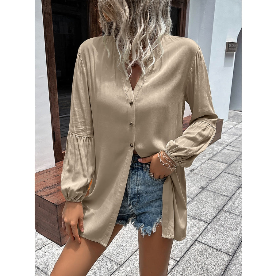 Notched Neck Balloon Sleeve Shirt Tan / S