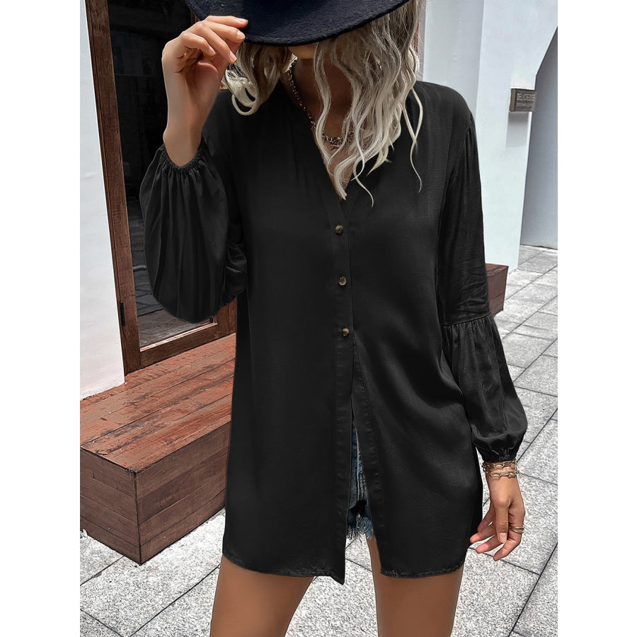 Notched Neck Balloon Sleeve Shirt