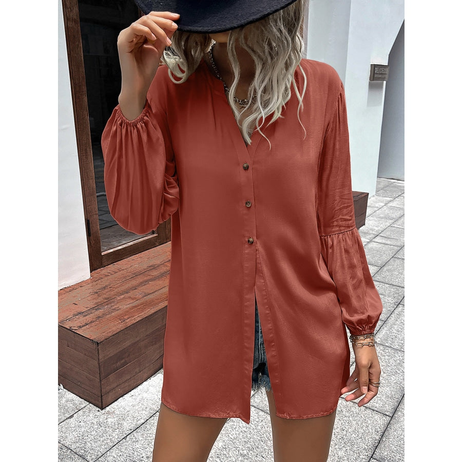 Notched Neck Balloon Sleeve Shirt