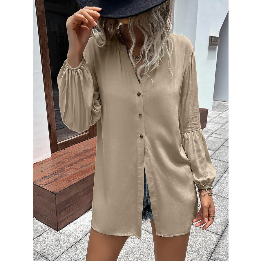 Notched Neck Balloon Sleeve Shirt