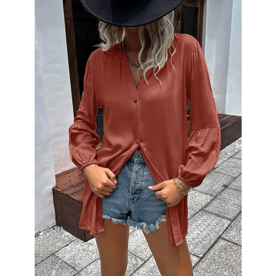 Notched Neck Balloon Sleeve Shirt