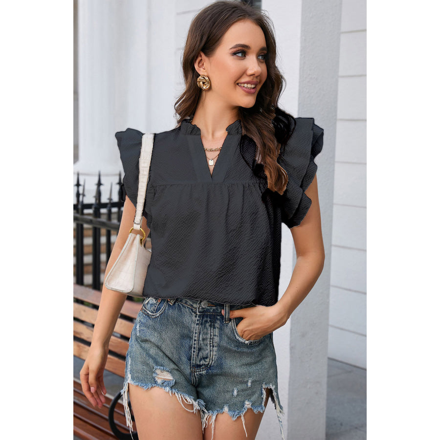 Notched Neck Butterfly Sleeve Blouse Apparel and Accessories