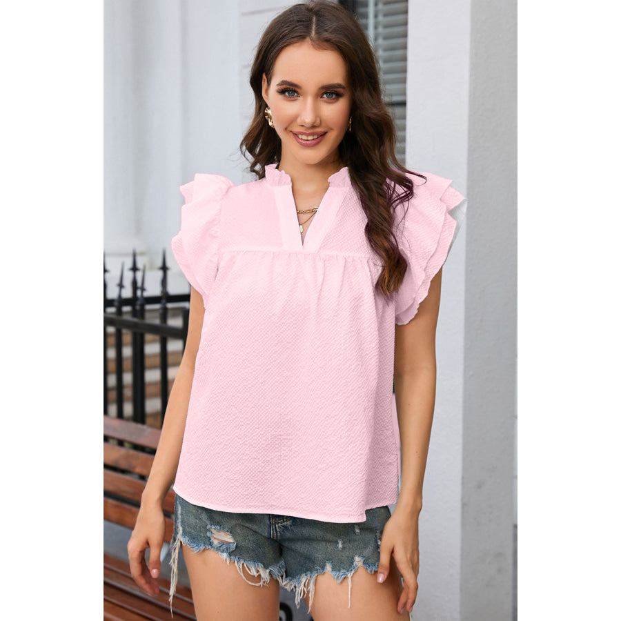 Notched Neck Butterfly Sleeve Blouse Blush Pink / S Apparel and Accessories