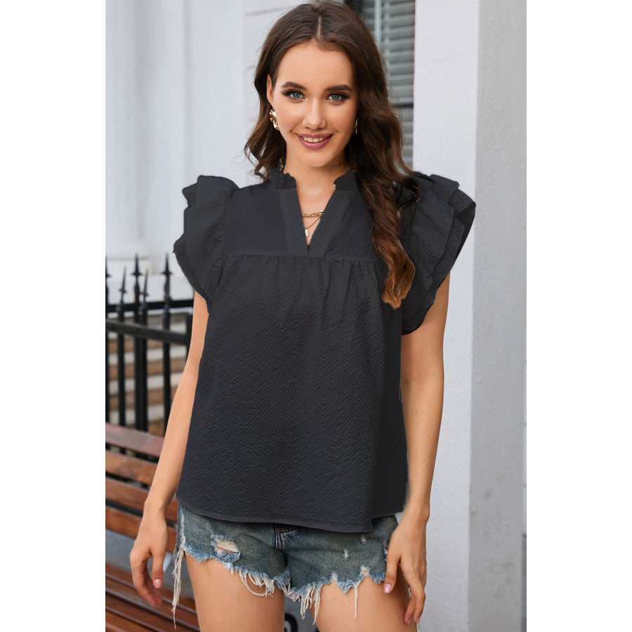 Notched Neck Butterfly Sleeve Blouse Black / S Apparel and Accessories