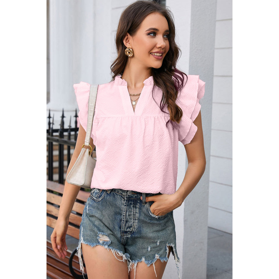 Notched Neck Butterfly Sleeve Blouse Blush Pink / S Apparel and Accessories