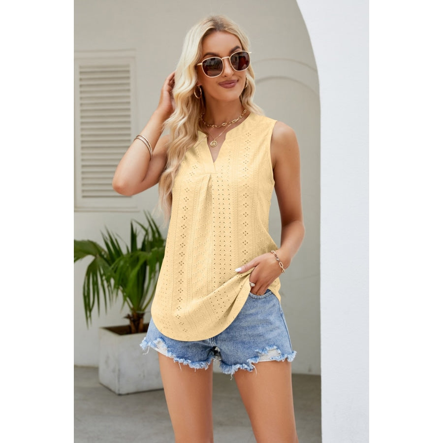 Notched Neck Curved Hem Eyelet Tank Butter Yellow / S