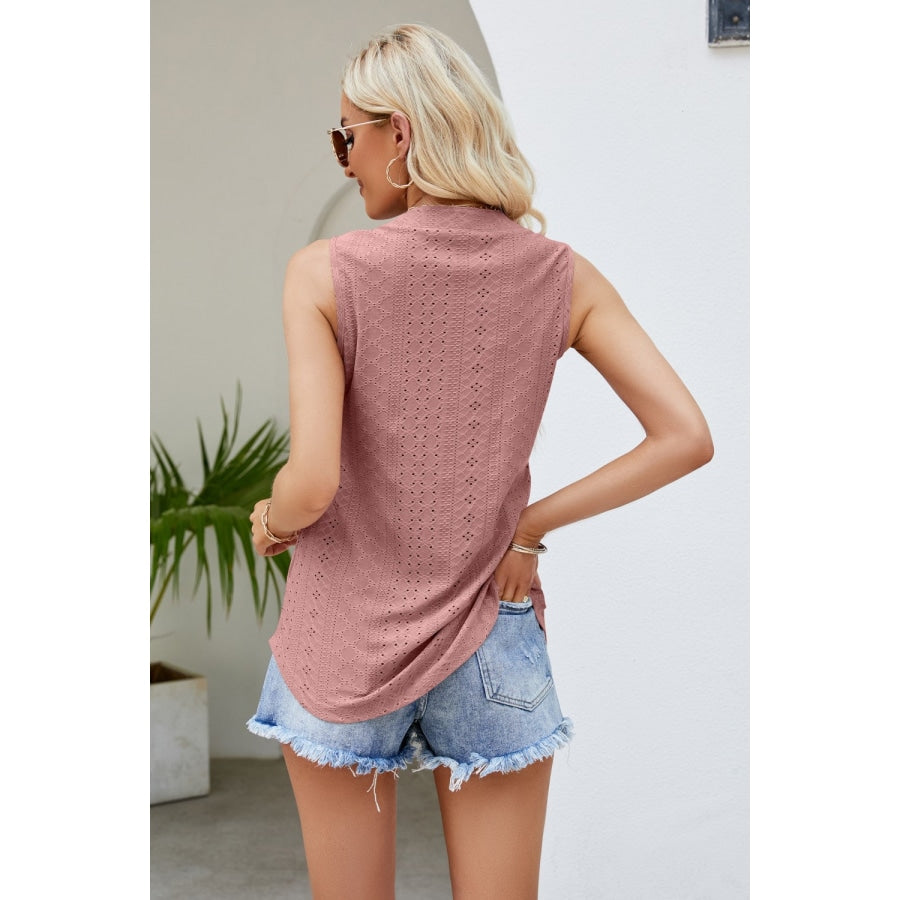 Notched Neck Curved Hem Eyelet Tank