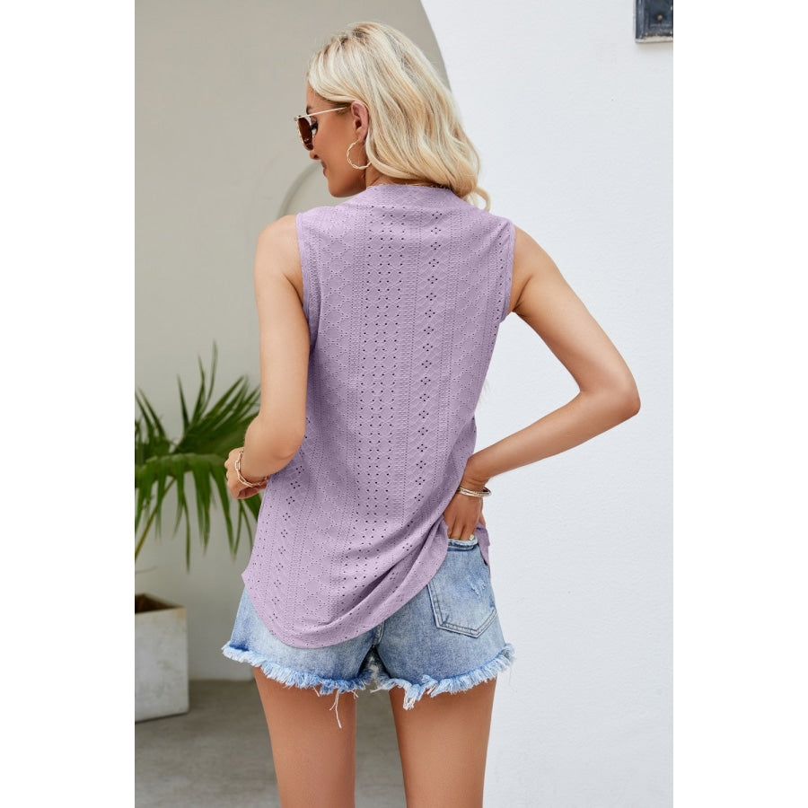 Notched Neck Curved Hem Eyelet Tank