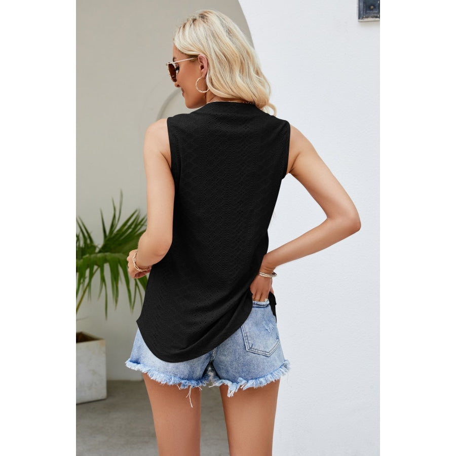 Notched Neck Curved Hem Eyelet Tank