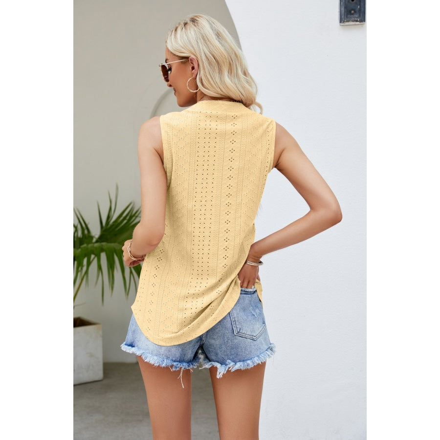 Notched Neck Curved Hem Eyelet Tank