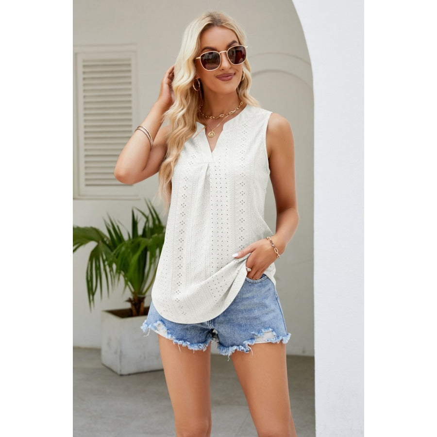 Notched Neck Curved Hem Eyelet Tank White / S