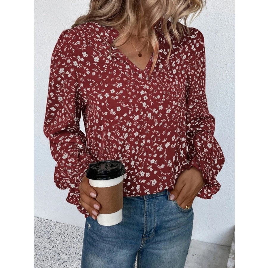 Notched Neck Flounce Sleeve Blouse Brick Red / S