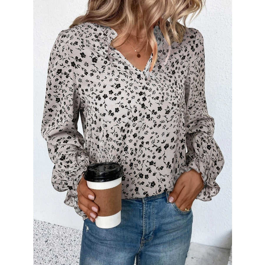 Notched Neck Flounce Sleeve Blouse Dust Storm / S