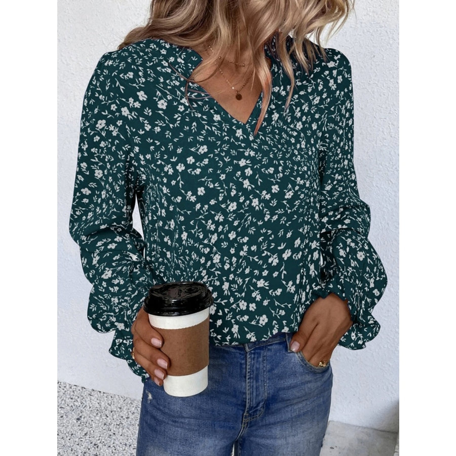 Notched Neck Flounce Sleeve Blouse Green / S