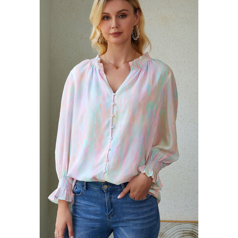 Notched Neck Flounce Sleeve Blouse Multicolor / S