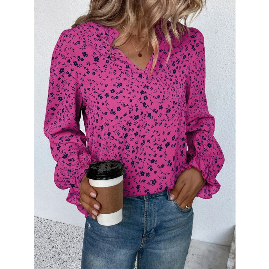 Notched Neck Flounce Sleeve Blouse