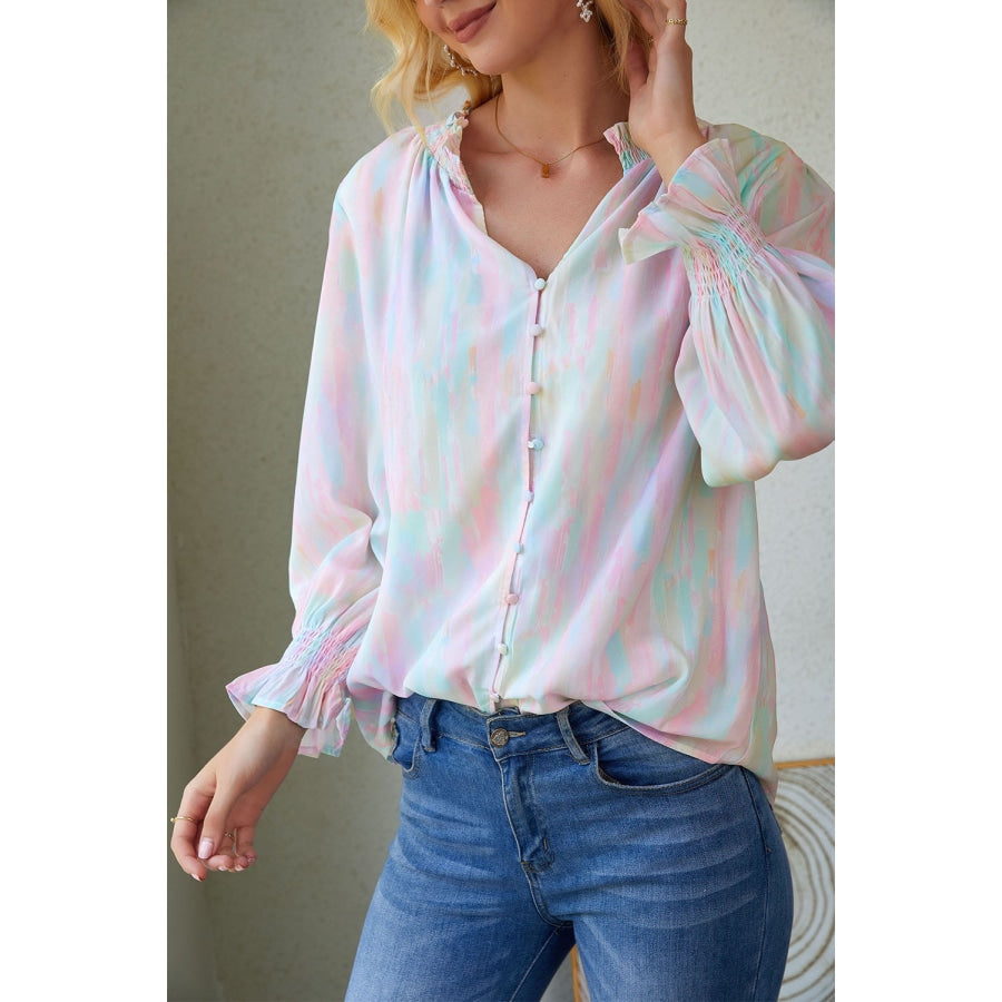 Notched Neck Flounce Sleeve Blouse