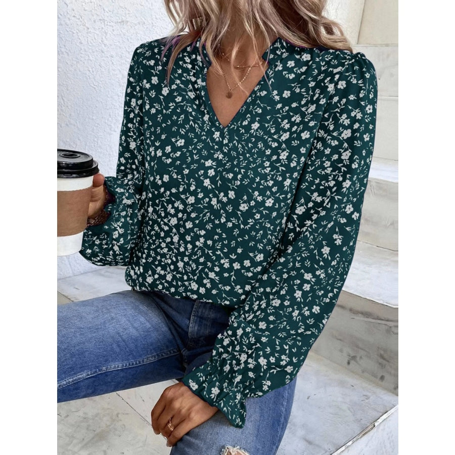 Notched Neck Flounce Sleeve Blouse