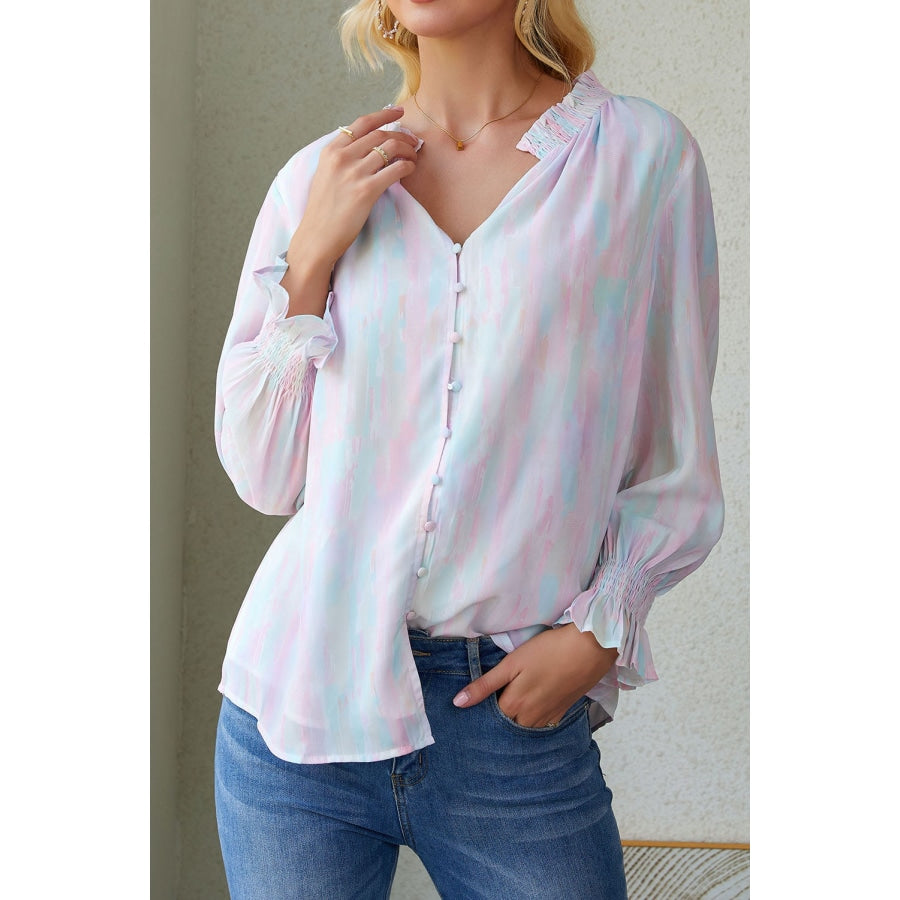 Notched Neck Flounce Sleeve Blouse