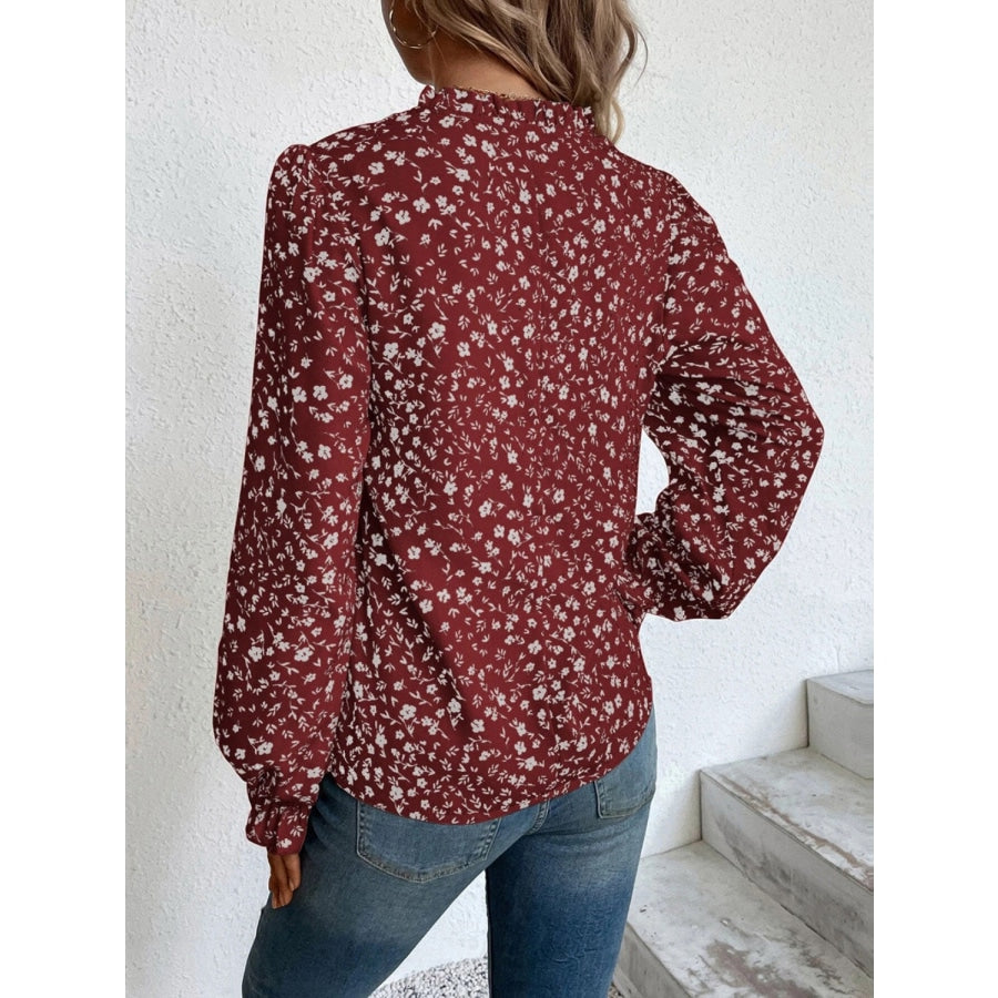 Notched Neck Flounce Sleeve Blouse