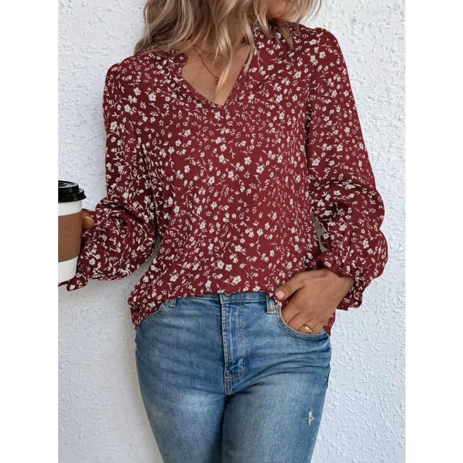 Notched Neck Flounce Sleeve Blouse