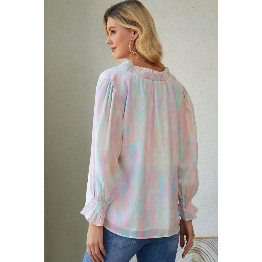 Notched Neck Flounce Sleeve Blouse Multicolor / S