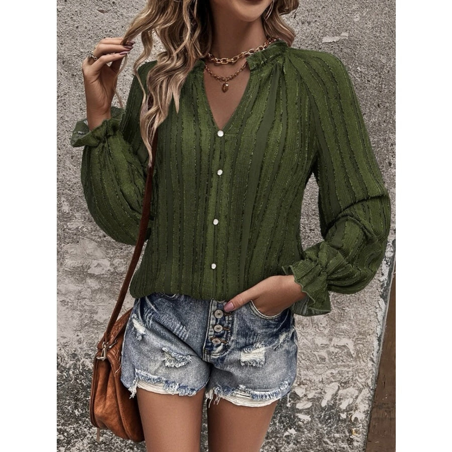 Notched Neck Flounce Sleeve Shirt Moss / S