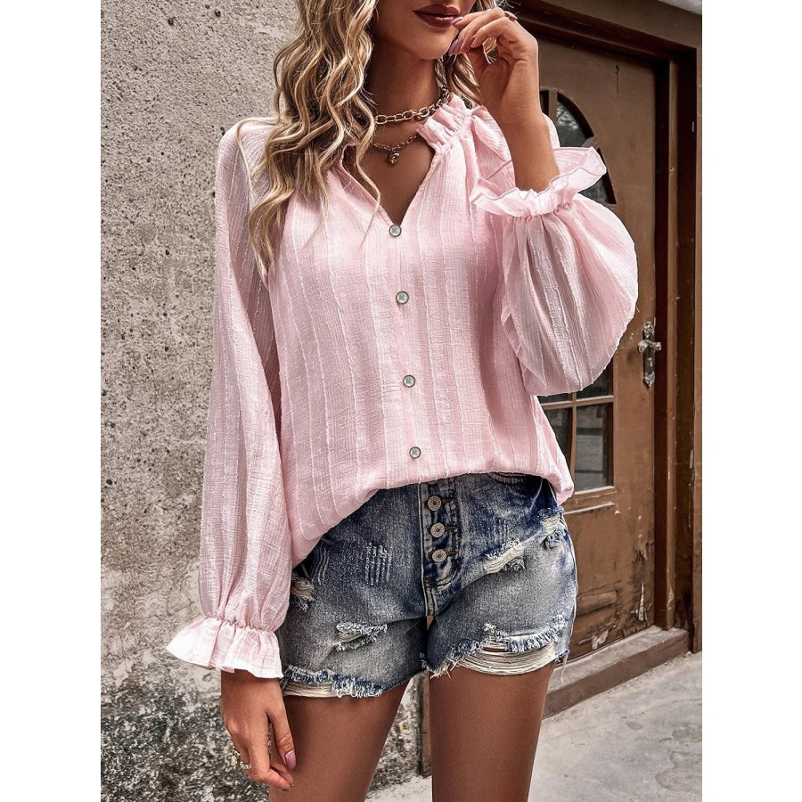 Notched Neck Flounce Sleeve Shirt