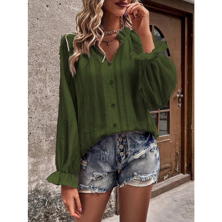 Notched Neck Flounce Sleeve Shirt