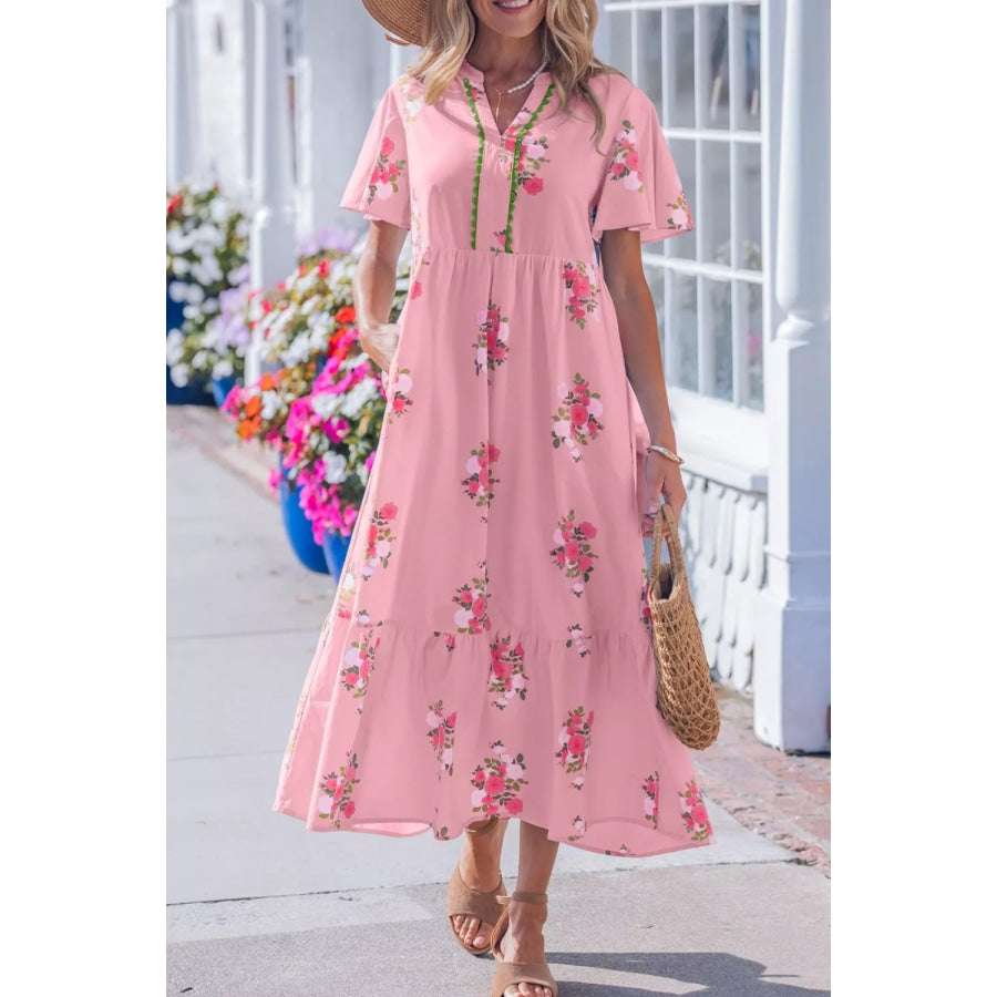 Notched Neck Flutter Short Sleeve Floral Print Dress Apparel and Accessories