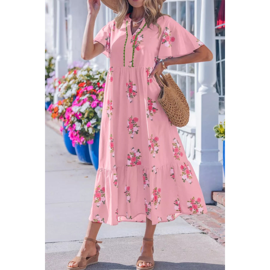 Notched Neck Flutter Short Sleeve Floral Print Dress Apparel and Accessories