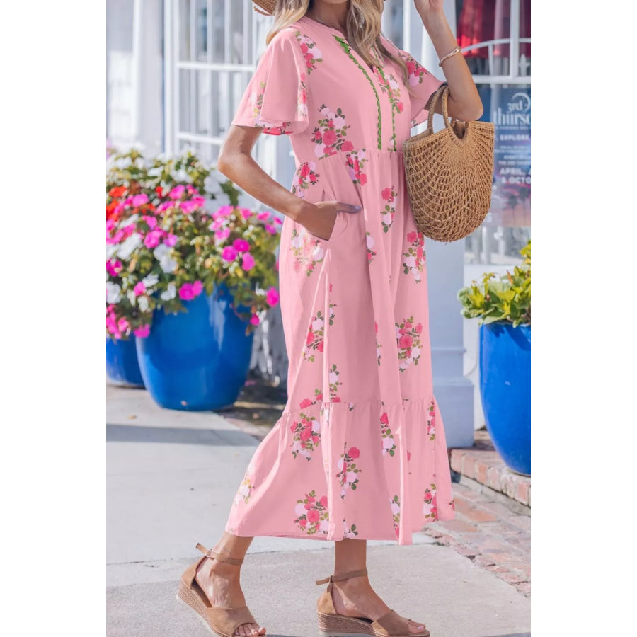 Notched Neck Flutter Short Sleeve Floral Print Dress Apparel and Accessories
