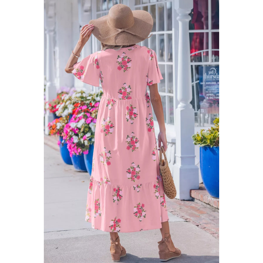 Notched Neck Flutter Short Sleeve Floral Print Dress Apparel and Accessories